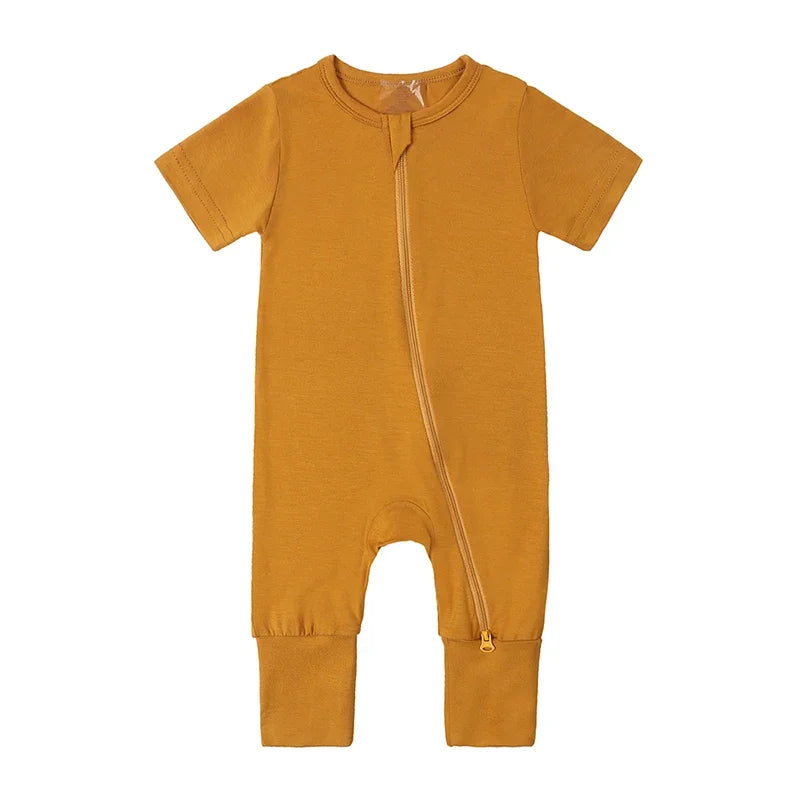 Bamboo Short Sleeve Zip Romper - Mustard