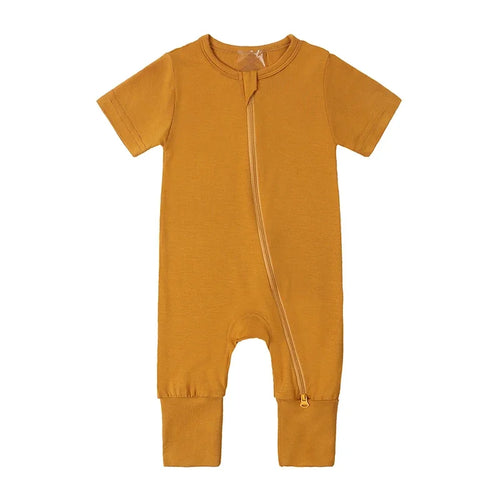 Bamboo Short Sleeve Zip Romper - Mustard