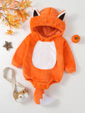 Infant fox costume romper with hood and tail in orange and white