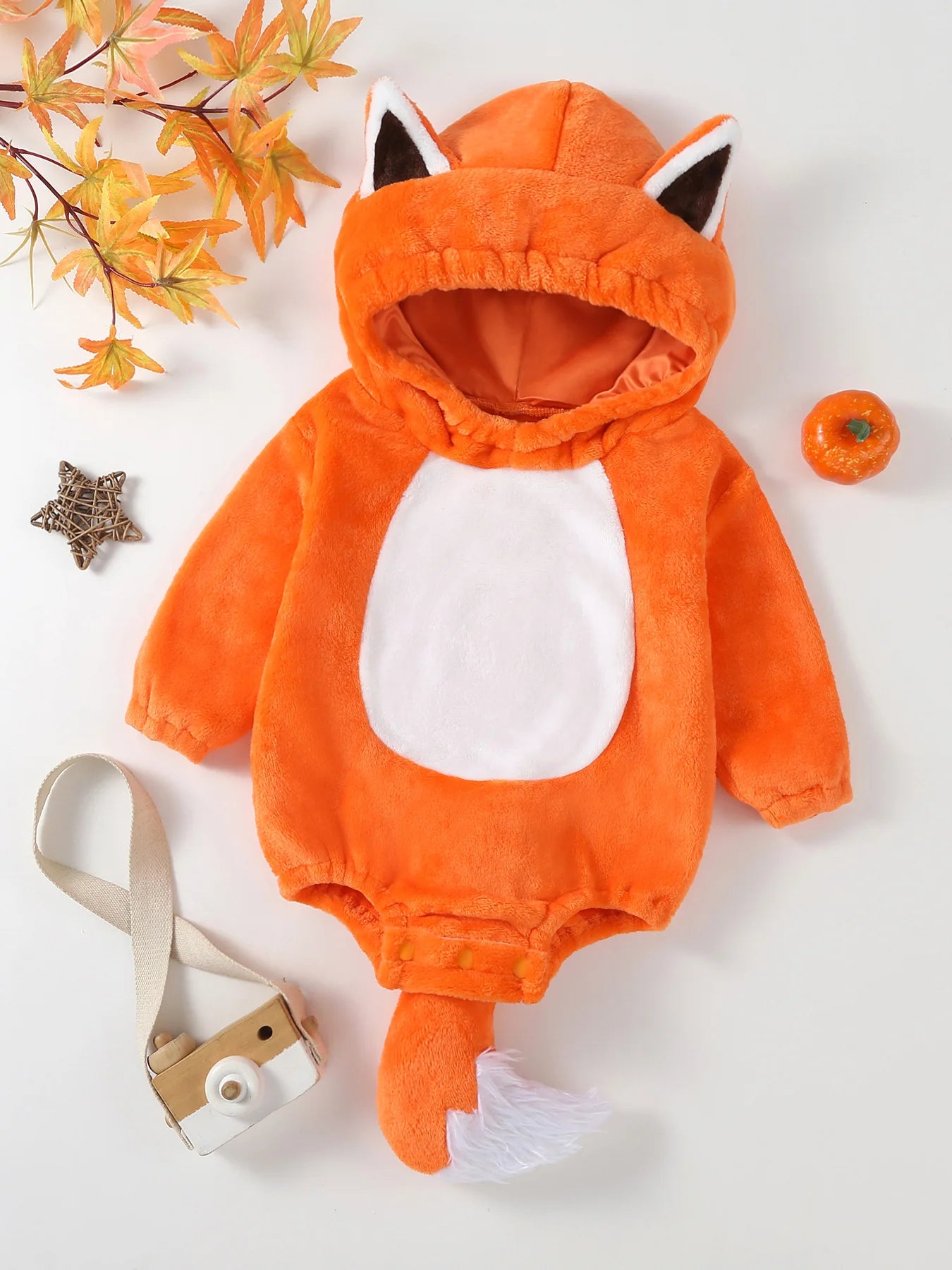 Infant fox costume romper with hood and tail in orange and white