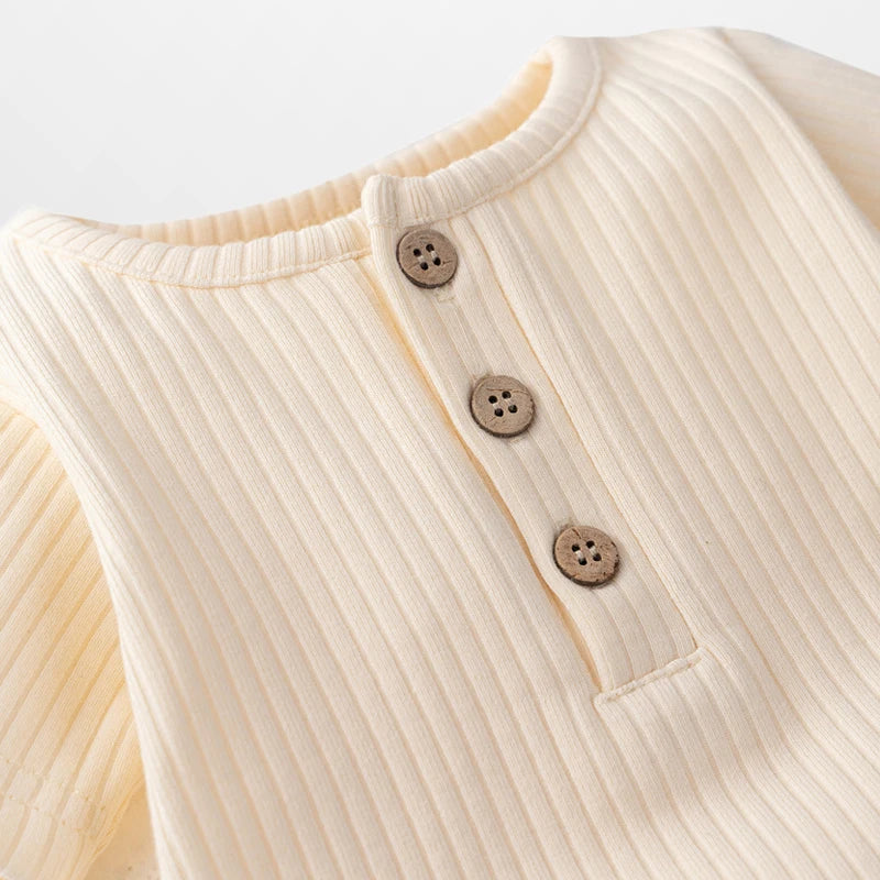 Classic Ribbed Short Sleeve Baby Bodysuit with Wood Button Detail