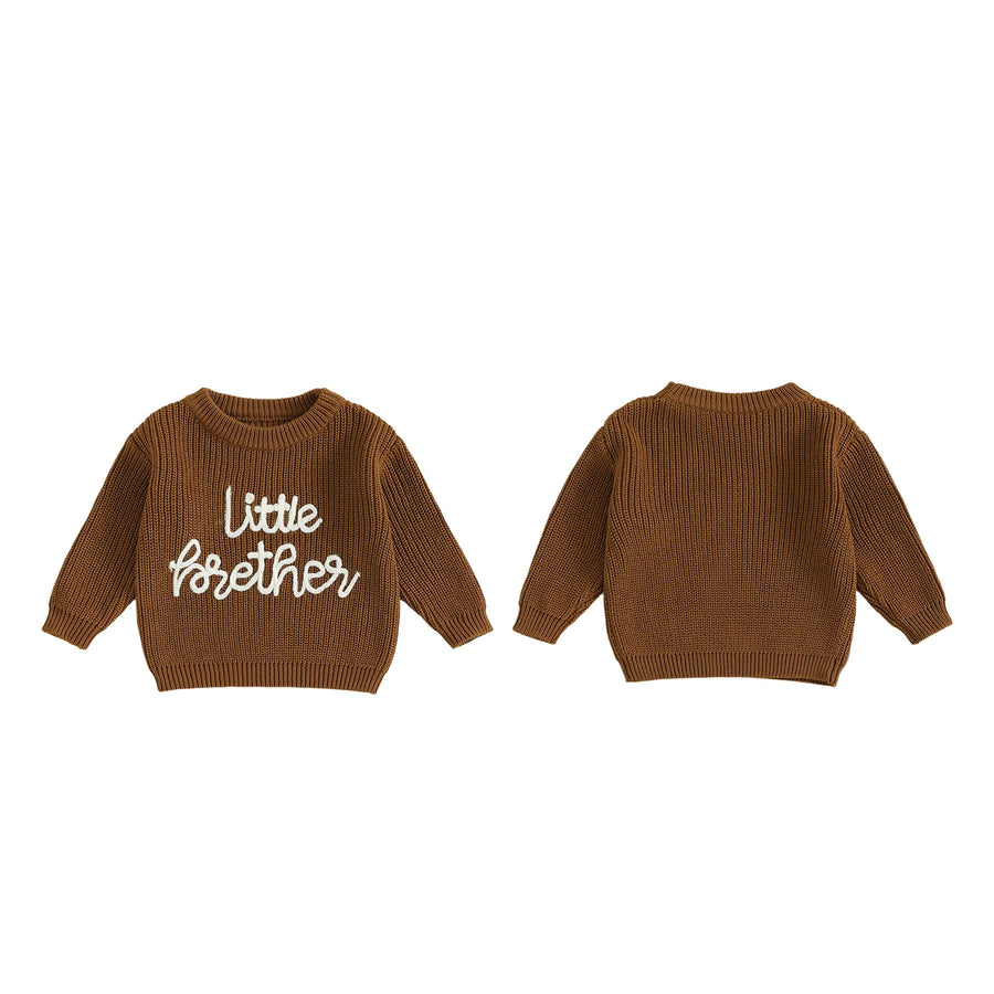 Front and back views of the brown Little Brother cotton knit baby sweater