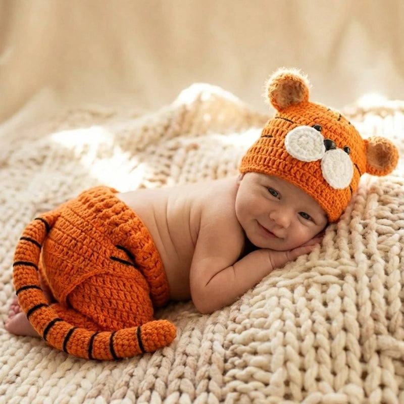 Baby wearing knitted orange tiger costume set