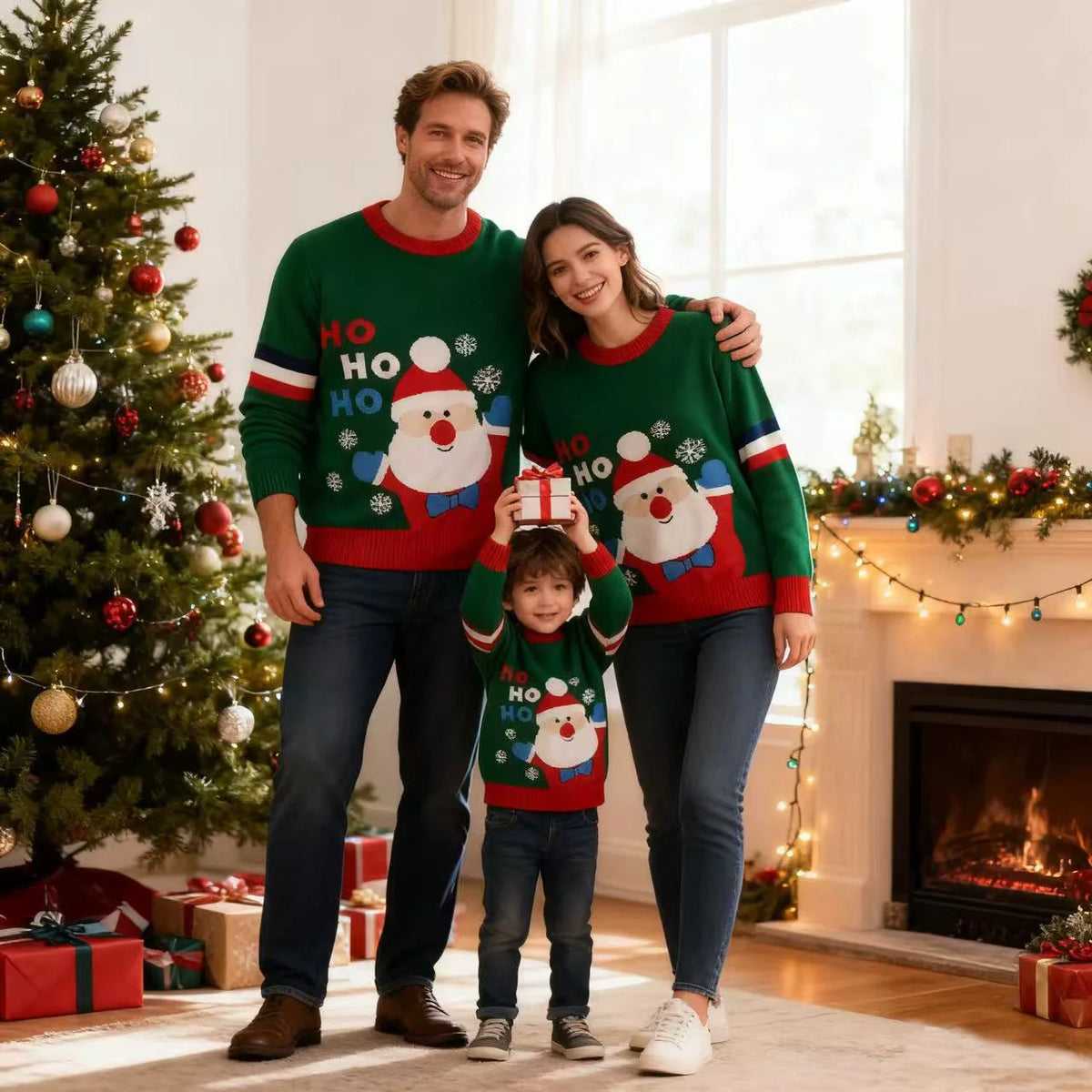 Two adults and a child wearing green Christmas sweaters with Santa faces, HO HO HO lettering, and red trim.