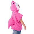 Child wearing pink shark hoodie costume with fin and teeth hood