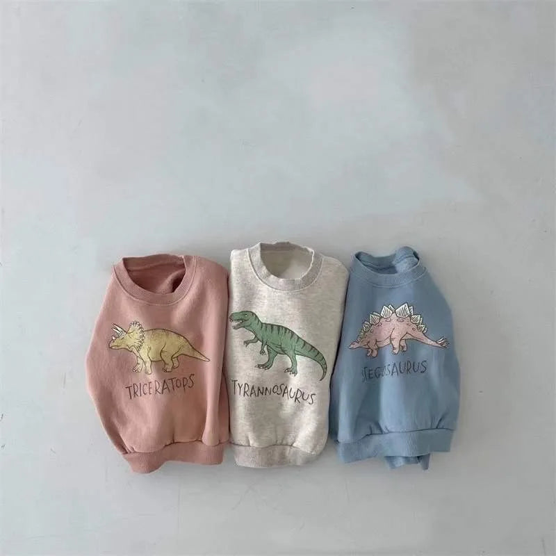 Cartoon Dinosaur Pullover Sweatshirt in Light Blue