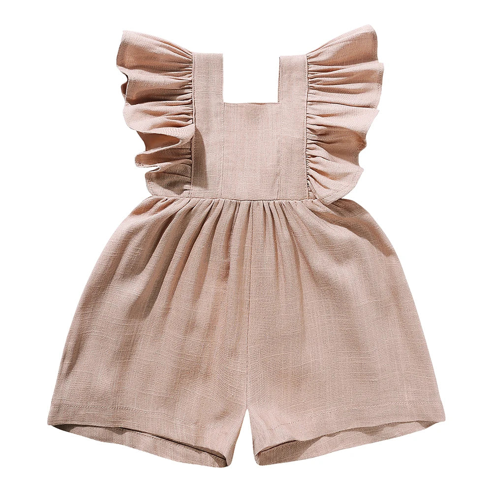 Baby Girls Sleeveless Linen Romper with Ruffles – Summer Jumpsuit