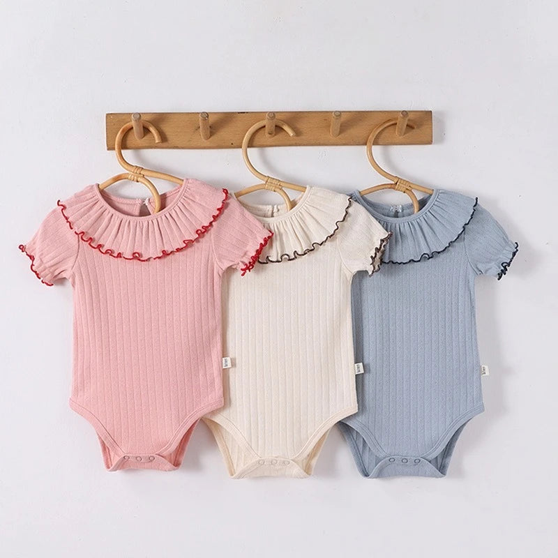 Baby Girls' Summer Triangular Bodysuit Pure Cotton Ruffled Collar Thin Trendy Clothing for Baby Girls