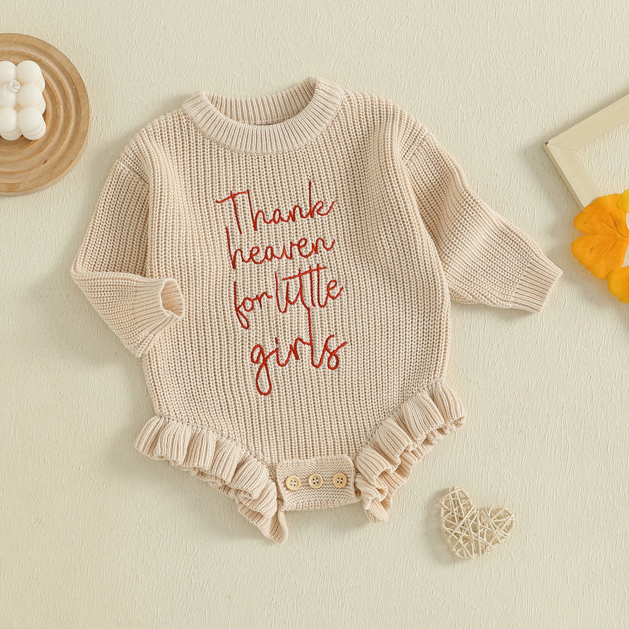 Lovely Baby Sweater Romper with Letter Embroidery and Ruffles
