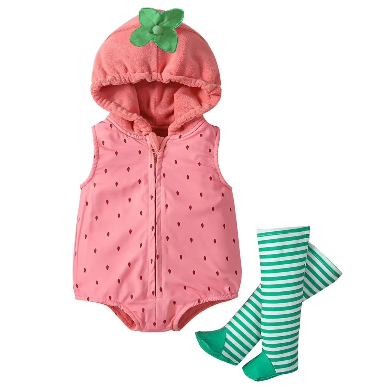 Strawberry baby romper costume set with hood and striped stockings