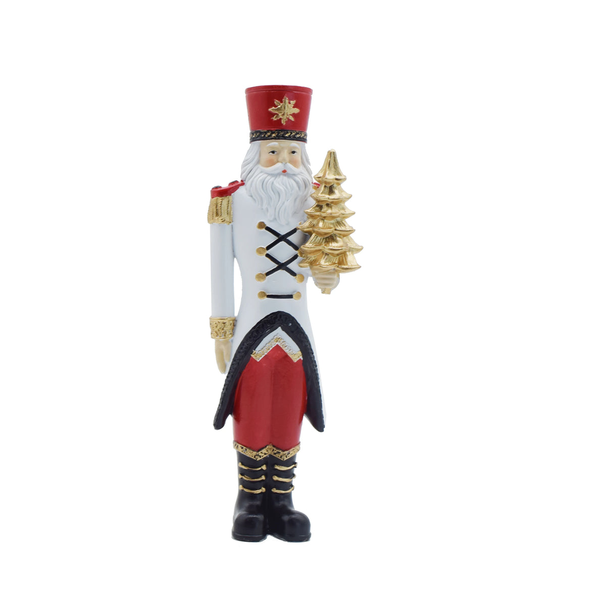 White and red Christmas nutcracker figurine holding a gold-colored tree