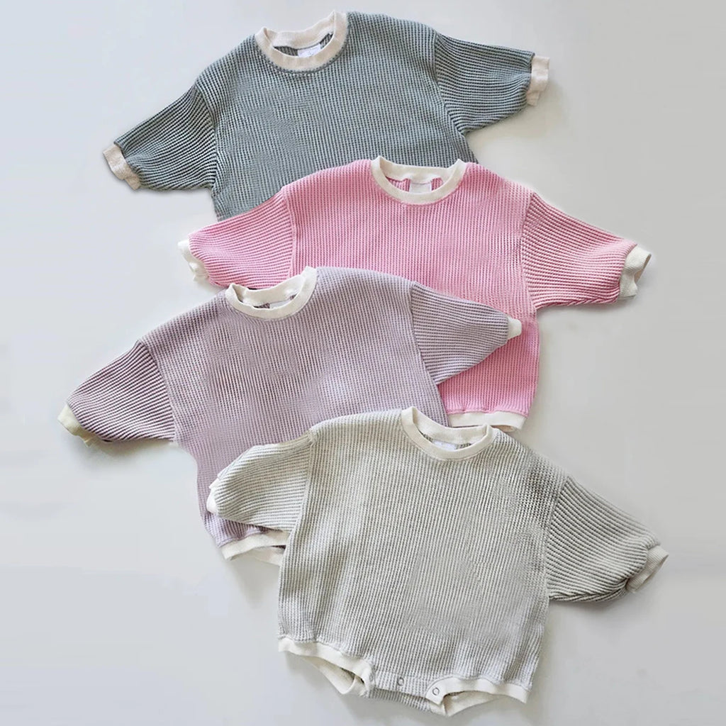 Waffle Cotton Long Sleeve Baby Romper Sweatshirt in Pink