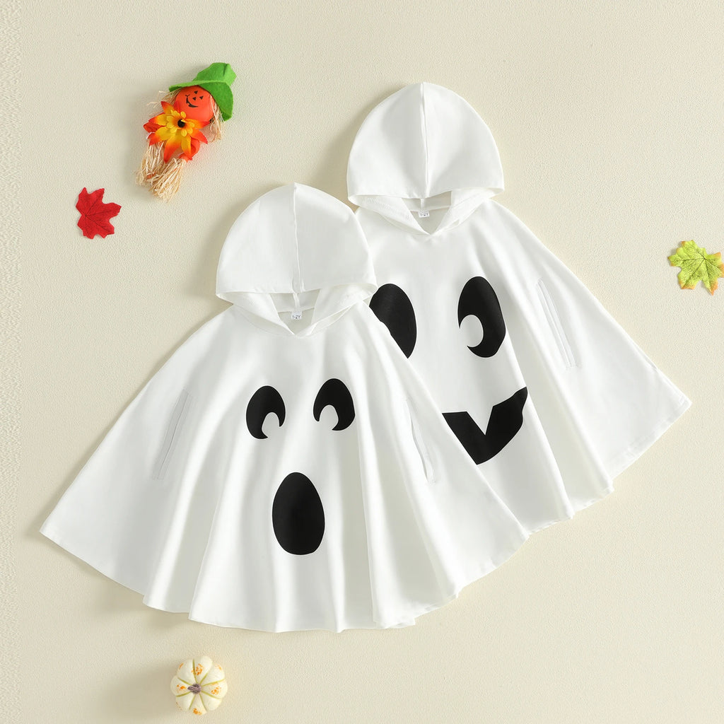 Two ghost hooded capes showing different face prints