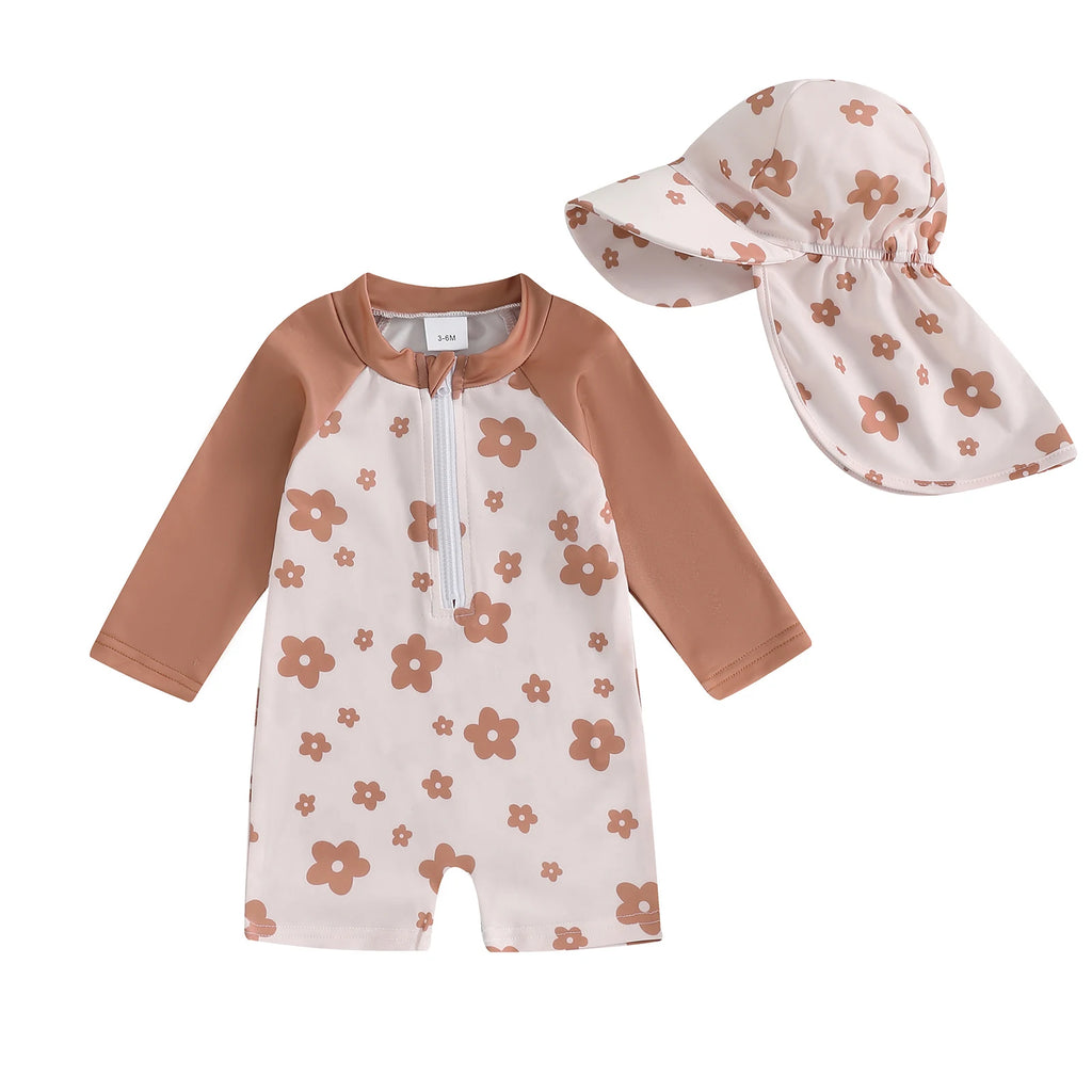 Floral Zip-Up Swimwear Set with Hat for Toddlers