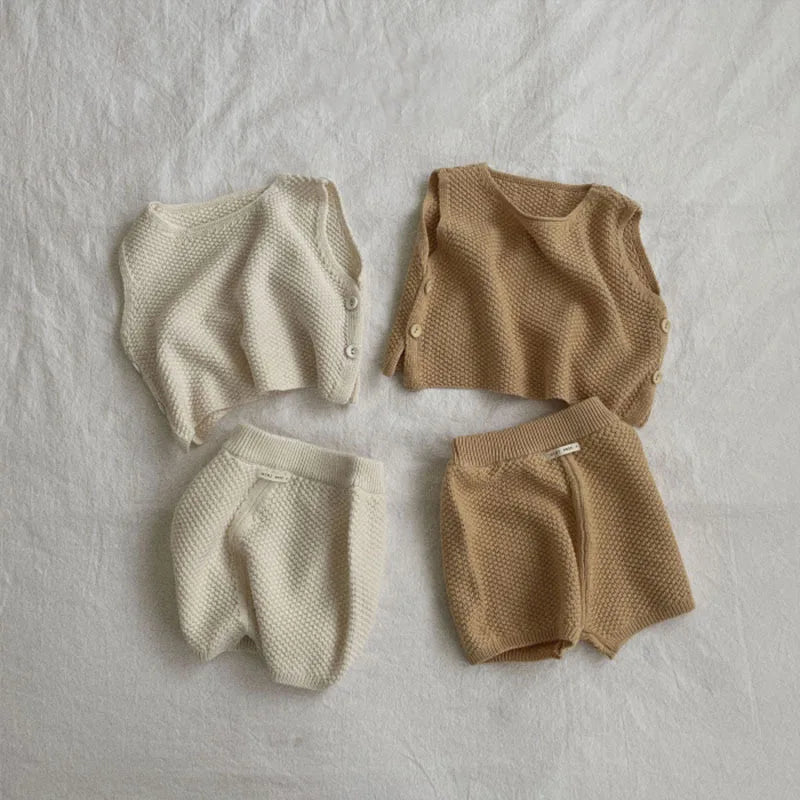 Sleeveless knit vest and shorts set for baby girls in beige apricot color