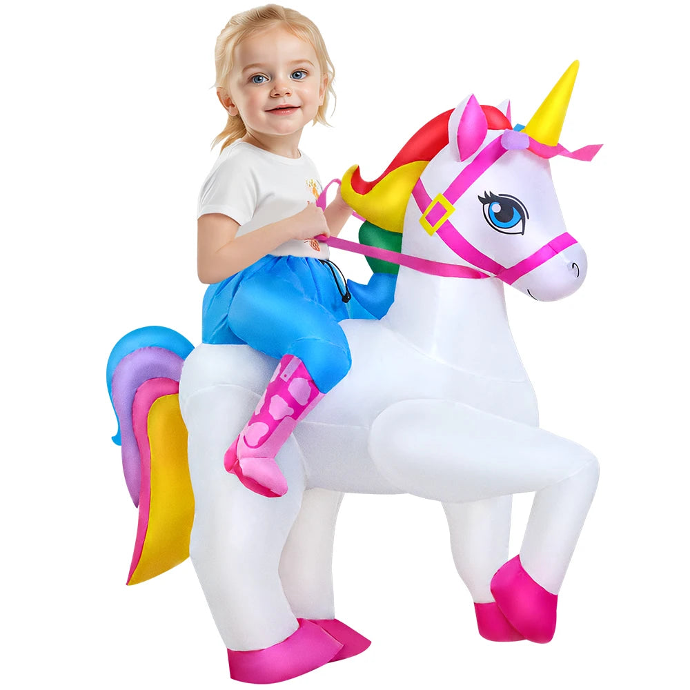 Child wearing inflatable unicorn costume with white body, yellow horn, pink harness, and multicolored mane and tail