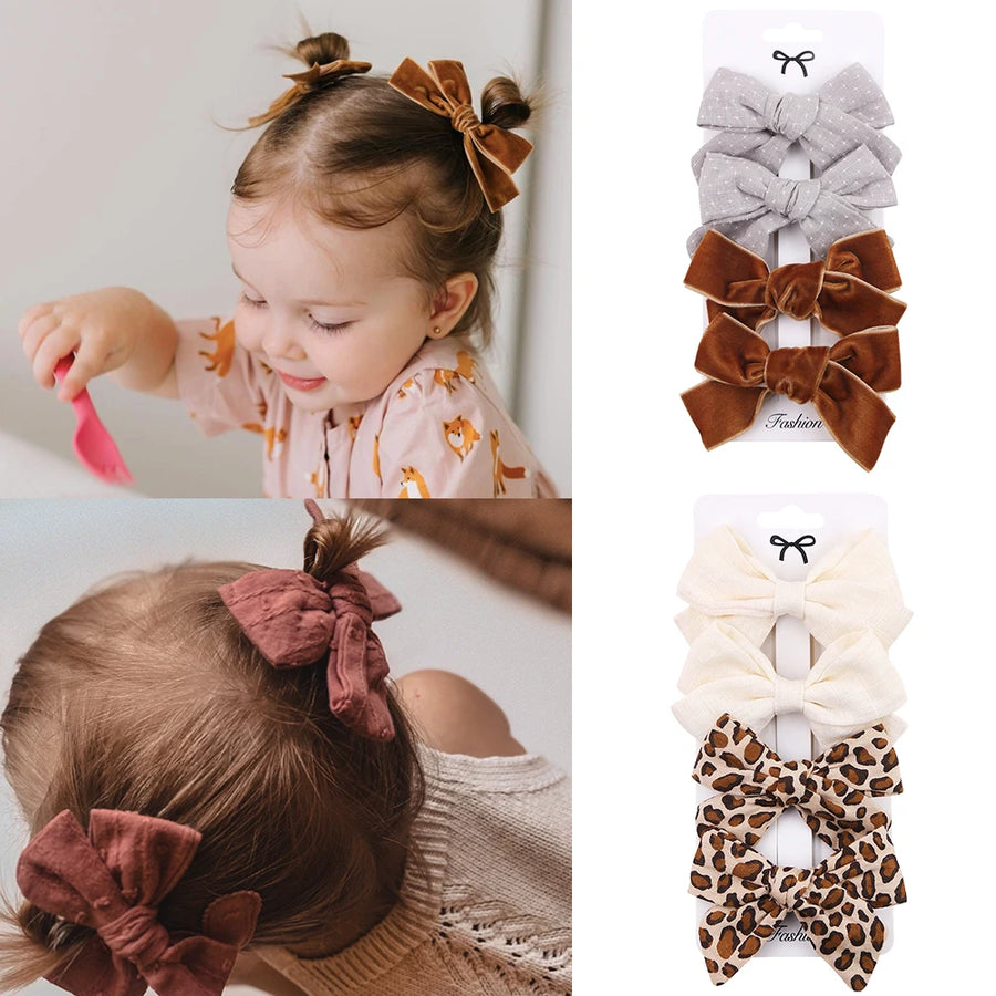 Leopard Dot Bowknot Hair Clip Set with Lace Cotton Linen Barrettes