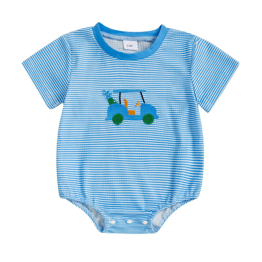 Baby bodysuit folded showing embroidery and stripes