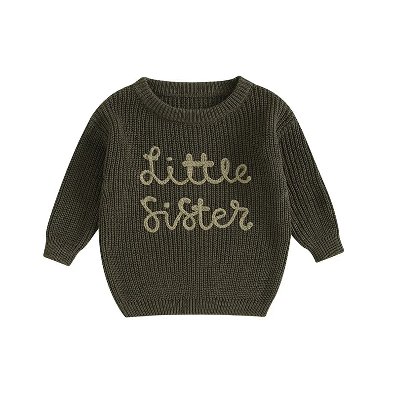 Army green Little Sister embroidered cotton knit baby sweater