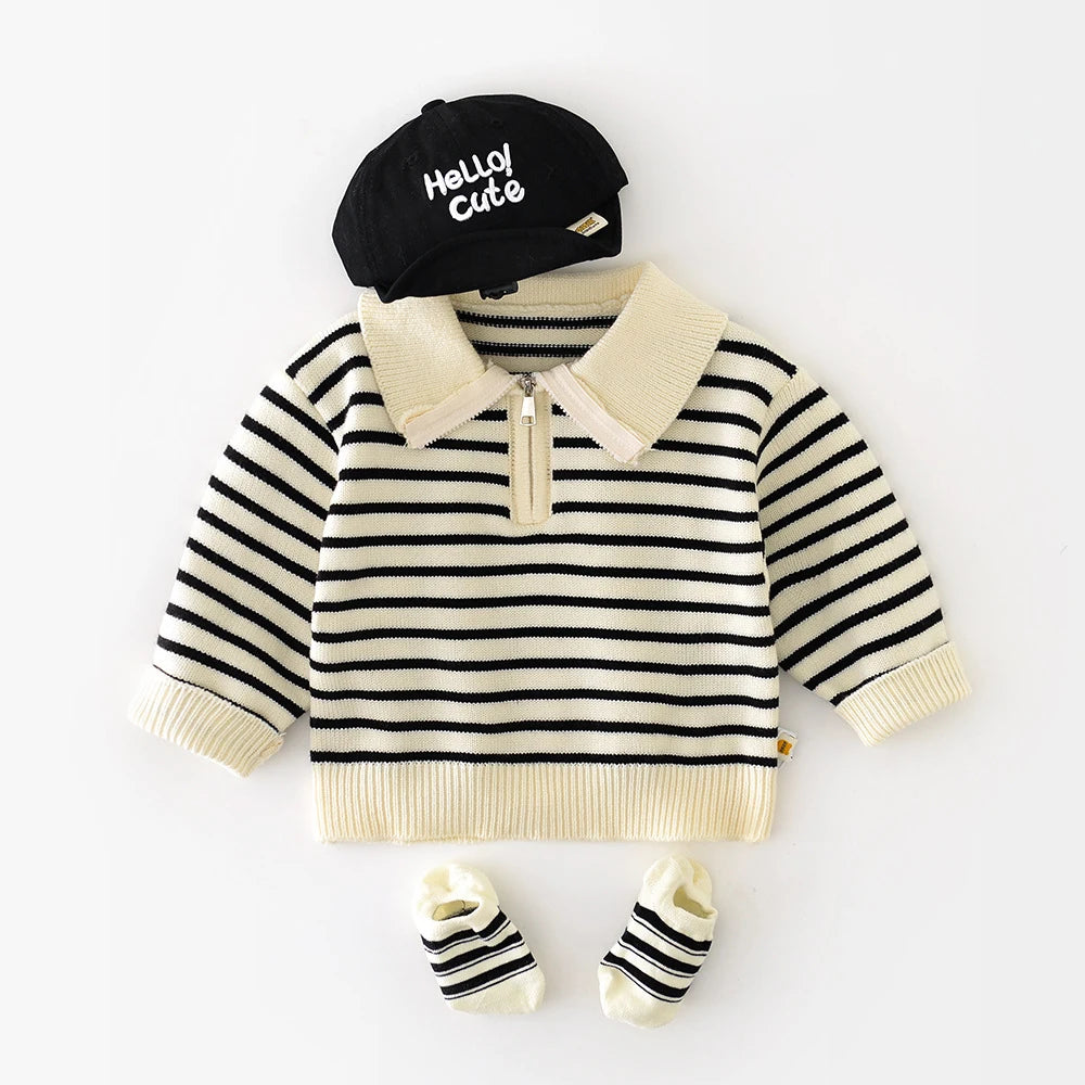 Front view of classical striped baby knitwear sweater cardigan