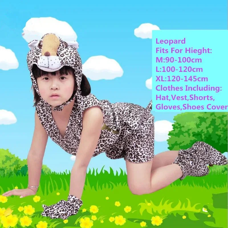 Child wearing leopard print animal costume set with hat, vest, shorts, gloves, and shoe covers