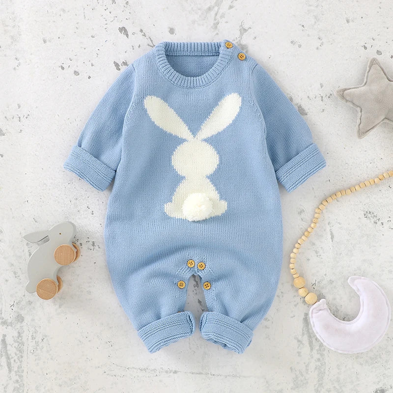 Knitted Rabbit Romper with long sleeves and crew neck for baby spring and autumn wear