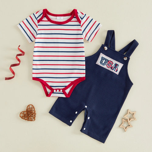 Patriotic Ribbed Romper Set - Blue USA, product view 2
