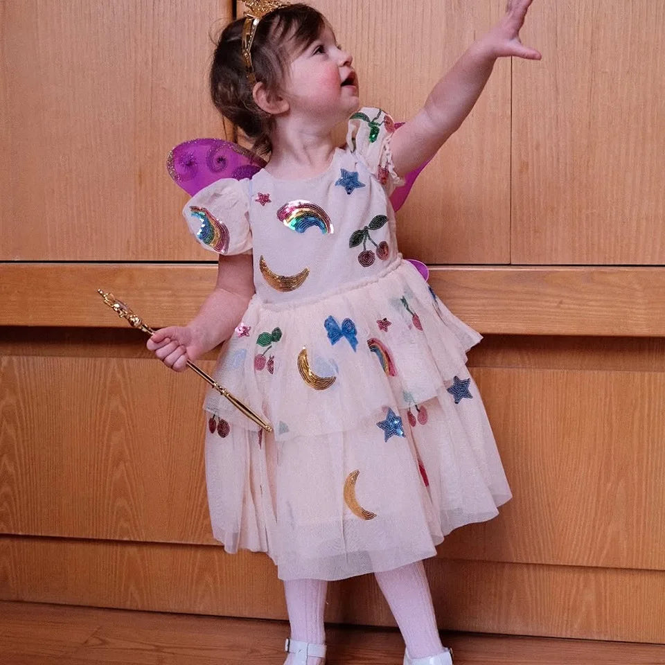 Girls' summer mesh sequin princess dress with skirt back view