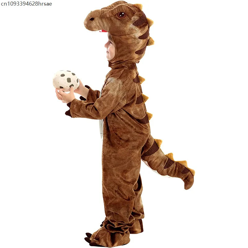 Size chart for dinosaur hooded romper costume showing sizes 110 to 150 with age and measurements