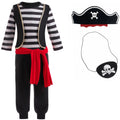 Boys pirate dress-up set with striped shirt, black pants, red sash, pirate hat, and eye patch