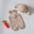 Beige knitted bunny jumpsuit costume set with floppy ear hat and carrot accessory