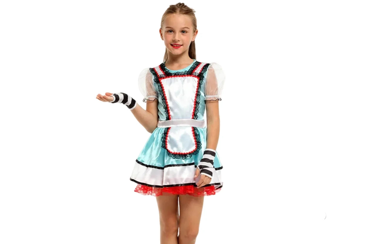 Girl wearing blue and white maid costume dress with puffed sleeves, apron, and striped gloves