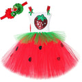 Red tutu dress with white crochet top and sequin strawberry applique, green tulle waist, black seed appliques, and red and绿花头