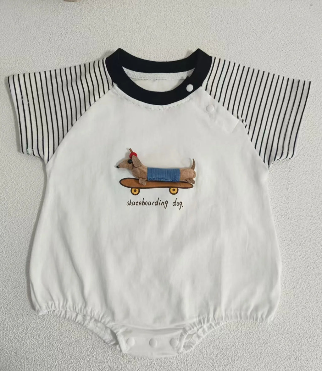 Striped Cotton Baby Romper with Dog Appliqué