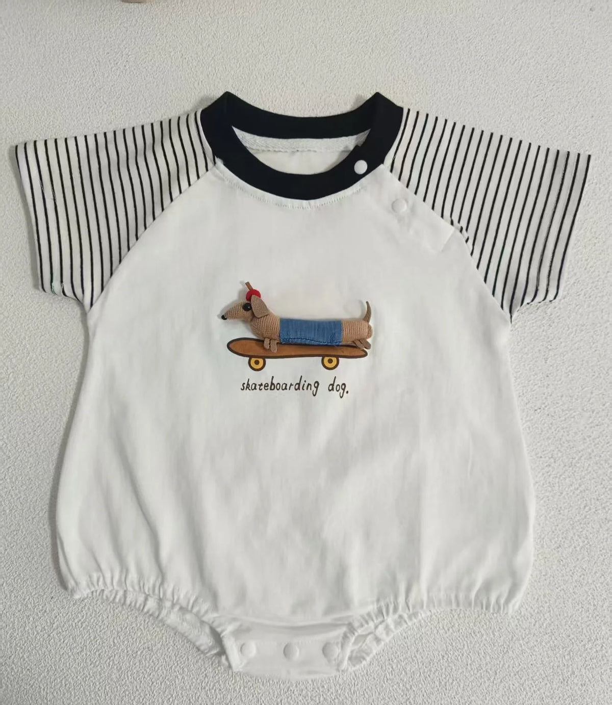 Striped Cotton Baby Romper with Dog Appliqué