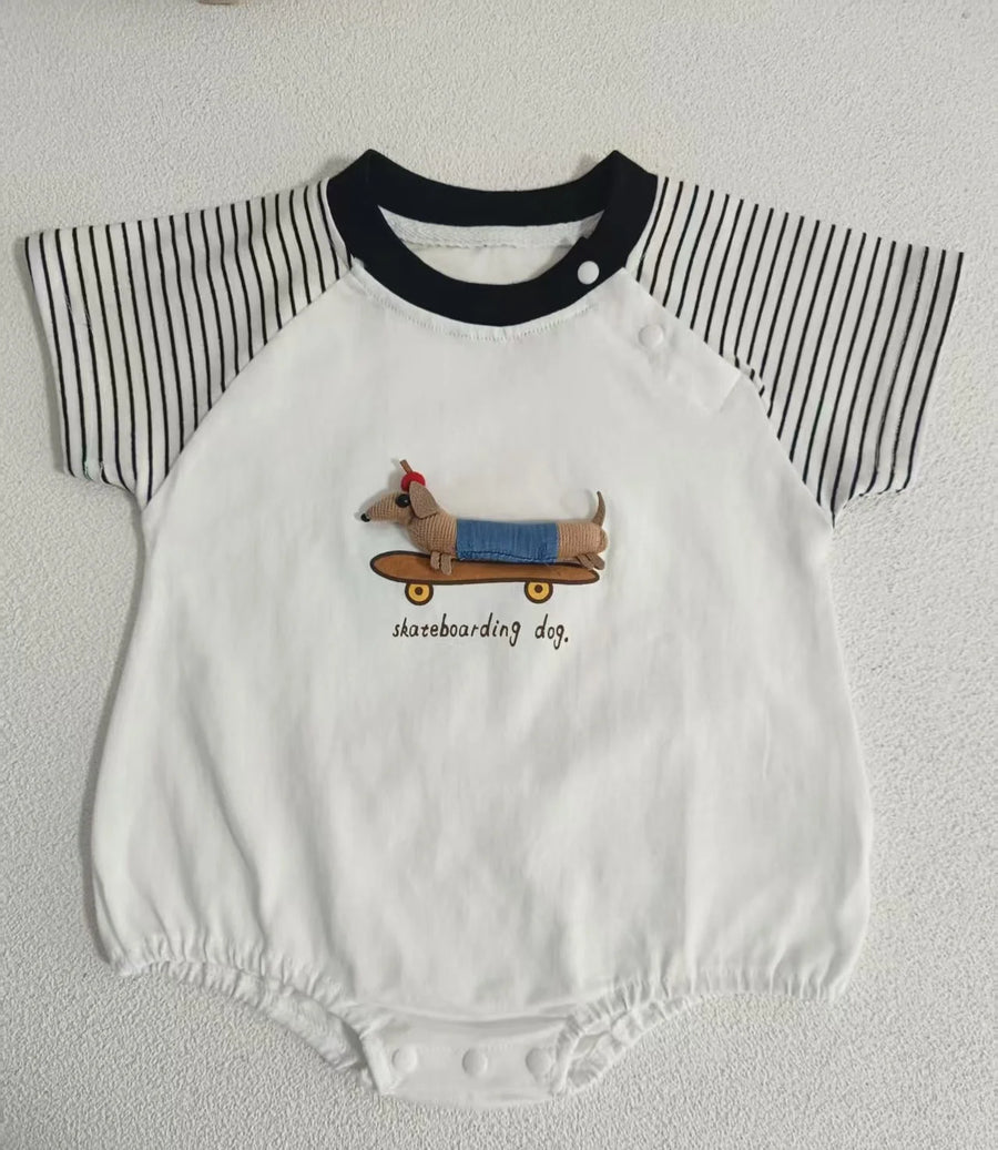 Striped Cotton Baby Romper with Dog Appliqué