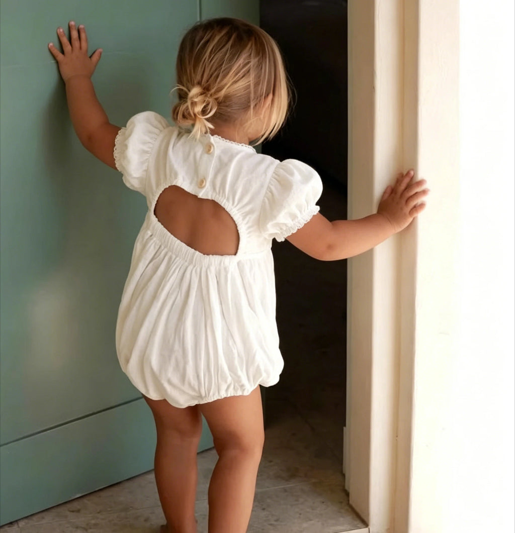 Nordic Cotton and Linen Short Sleeve Lace Jumpsuit with Hollow Out Back and V-Neck for Babies