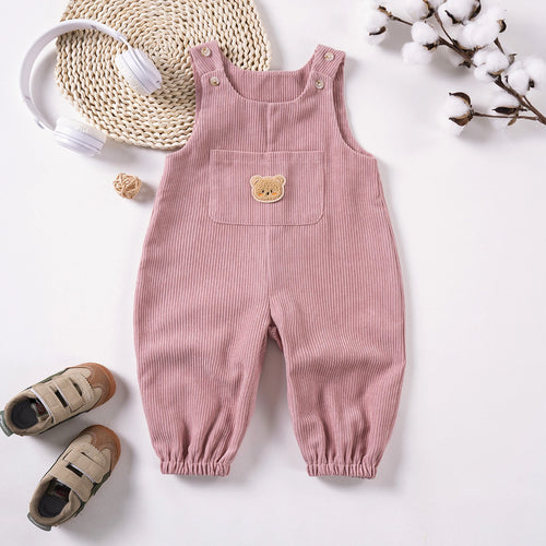 Corduroy Sleeveless Baby Jumpsuit with Bear Embroidery and Front Pocket