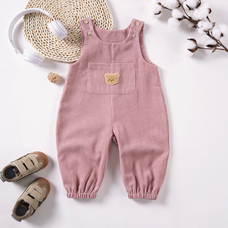Corduroy Sleeveless Baby Jumpsuit with Bear Embroidery and Front Pocket