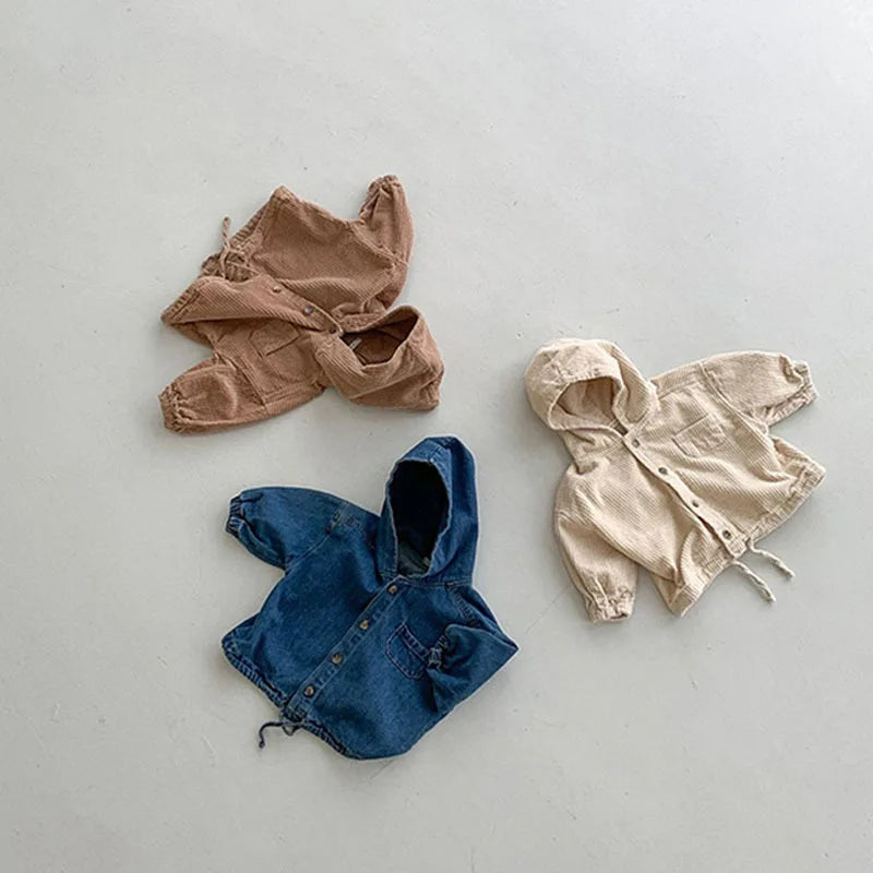 Side view of autumn denim and corduroy hooded jacket for babies and toddlers