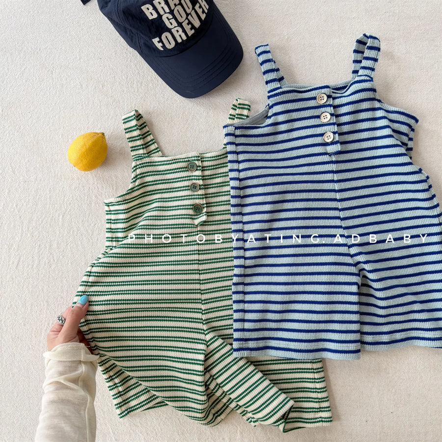 Summer Children Loose Overalls Girls Sling Jumpsuit Cotton Boys Thin Striped Strap Shorts Clothes