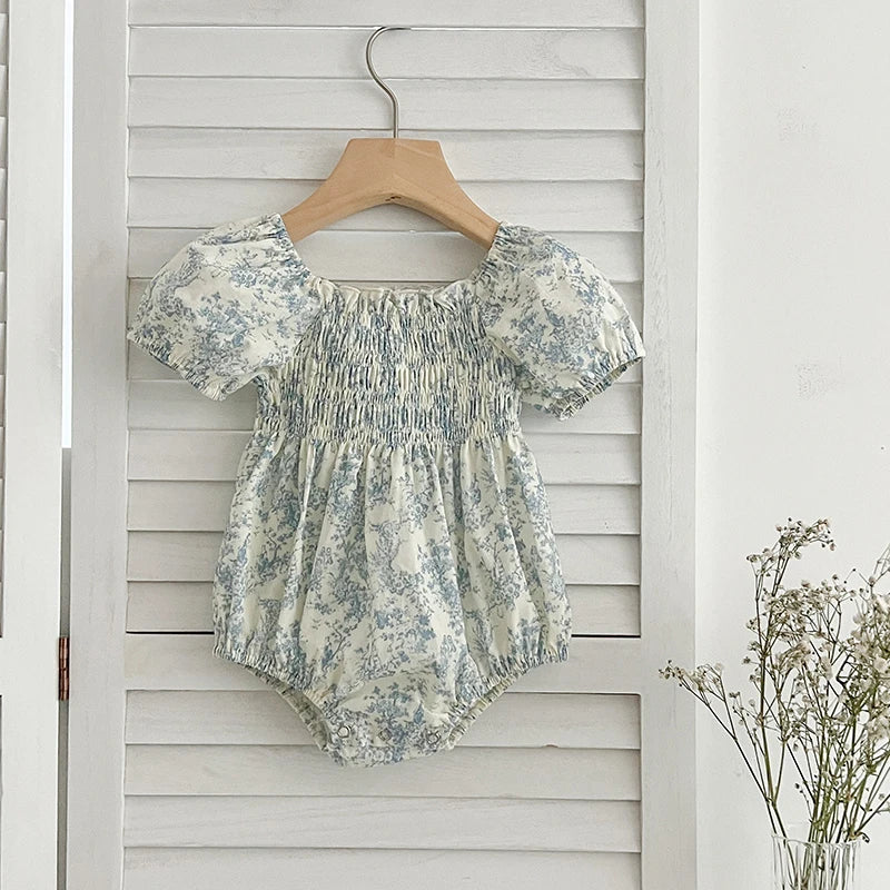 Summer Floral Short Sleeve Romper and Dress Set for Baby Girls