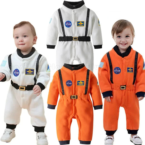 White astronaut romper with black belt and patches front view