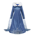 Blue velvet princess dress with white faux fur collar and snowflake cape