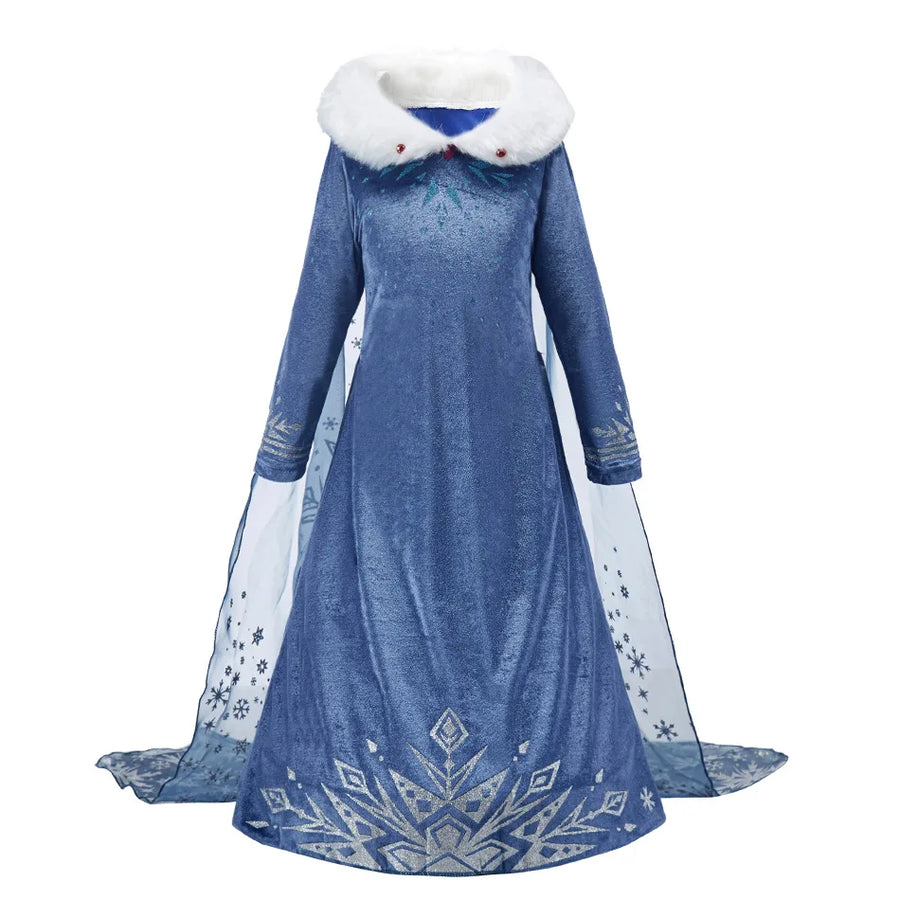Blue velvet princess dress with white faux fur collar and snowflake cape