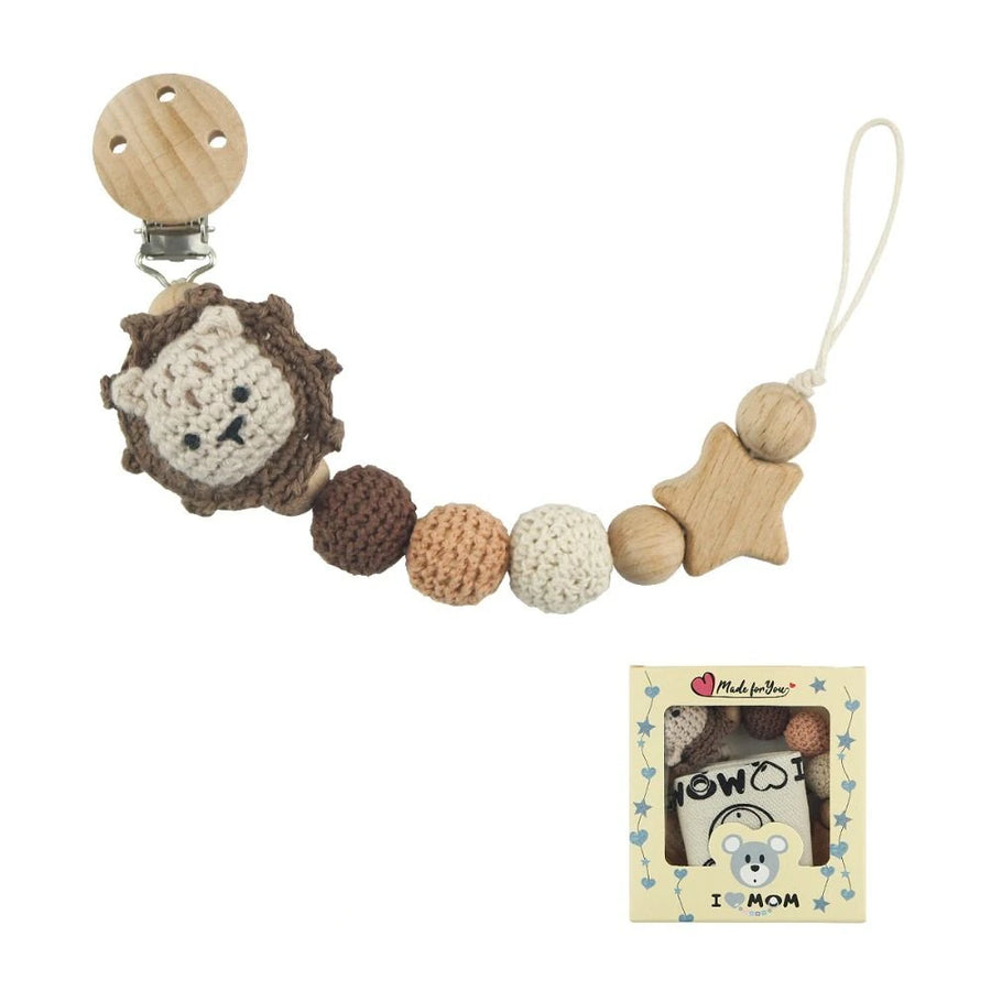 Crochet Animal Pacifier Clip with various animal designs