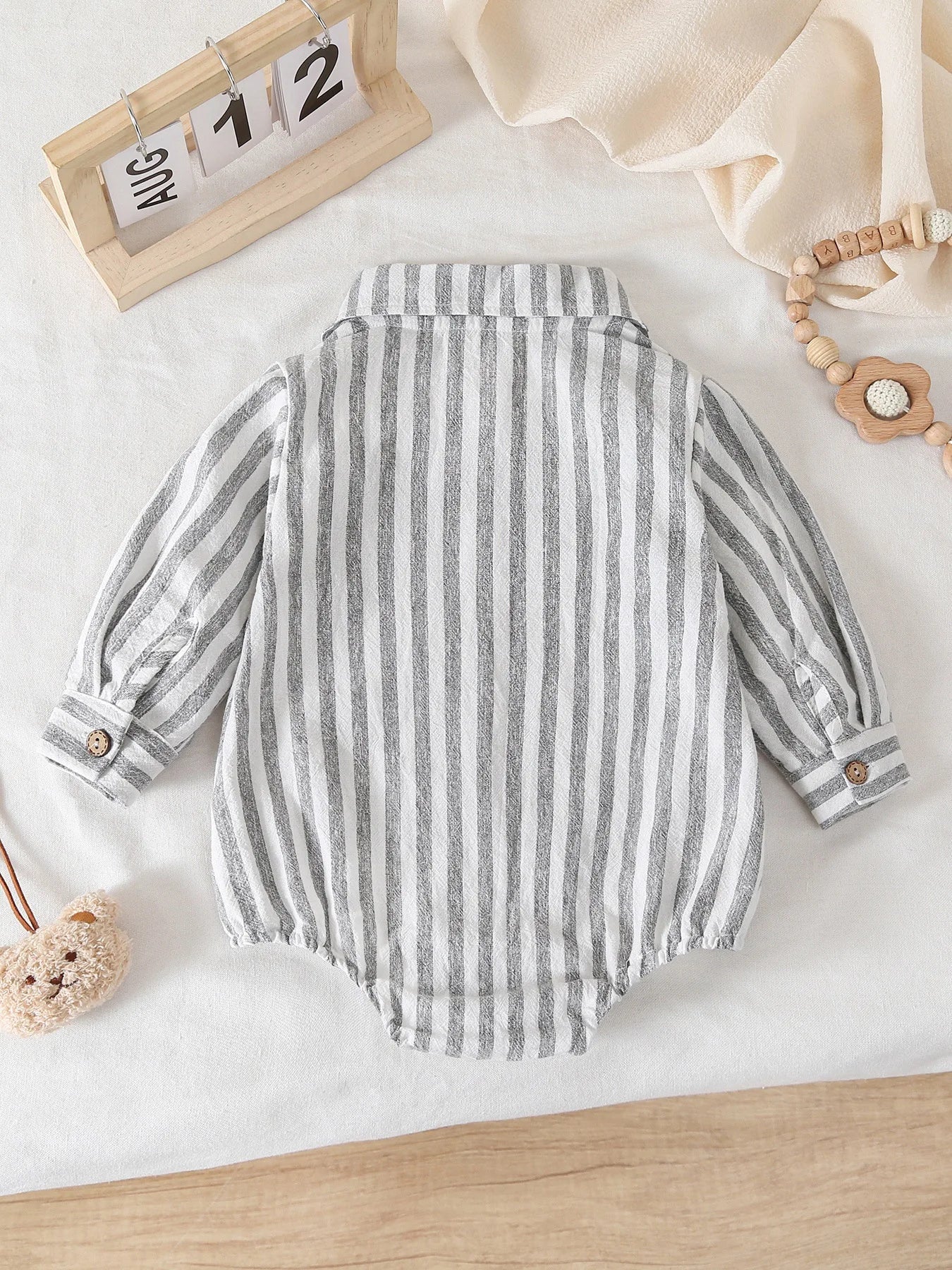 Grey color Striped Long-Sleeve Bodysuit for Babies