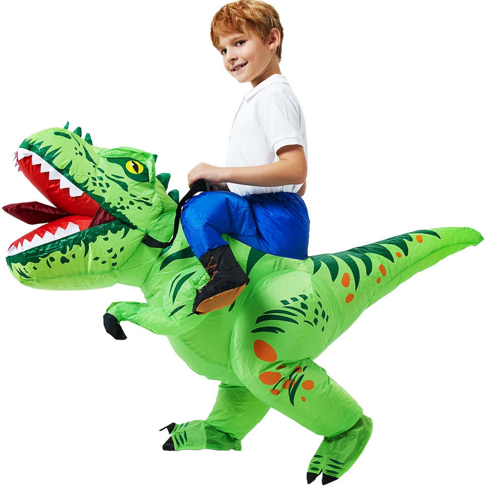Child wearing green inflatable dinosaur costume with rider illusion