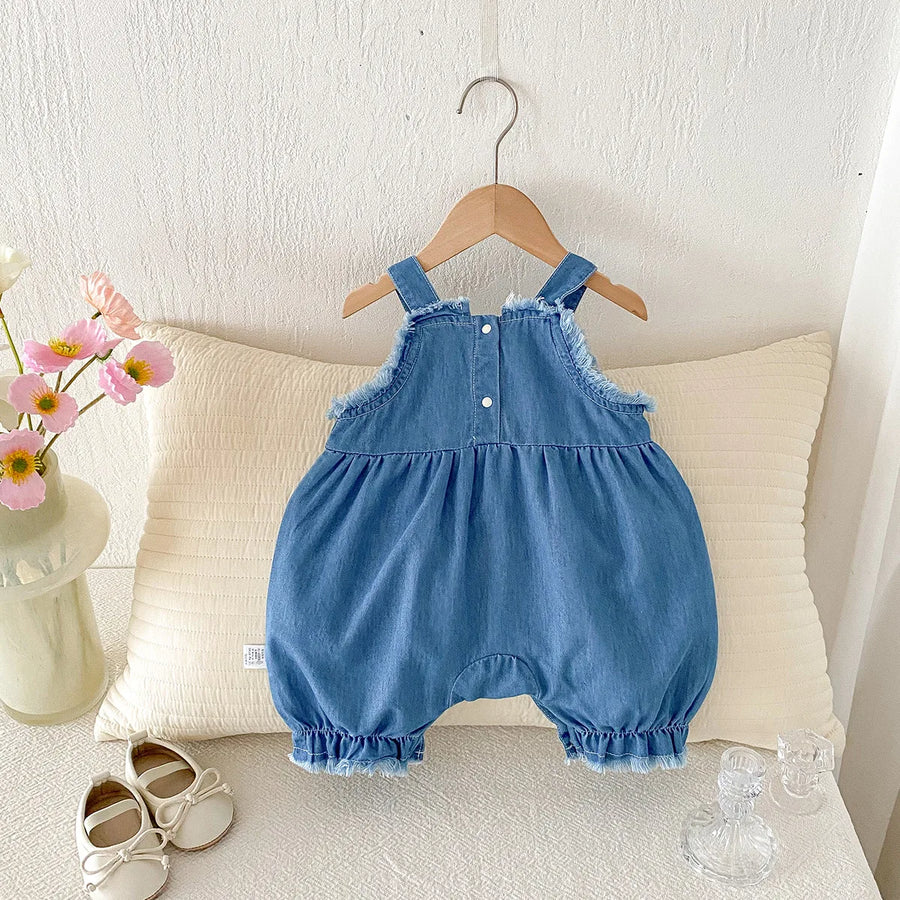 Back view of cotton denim overall romper with bow embroidery for girls
