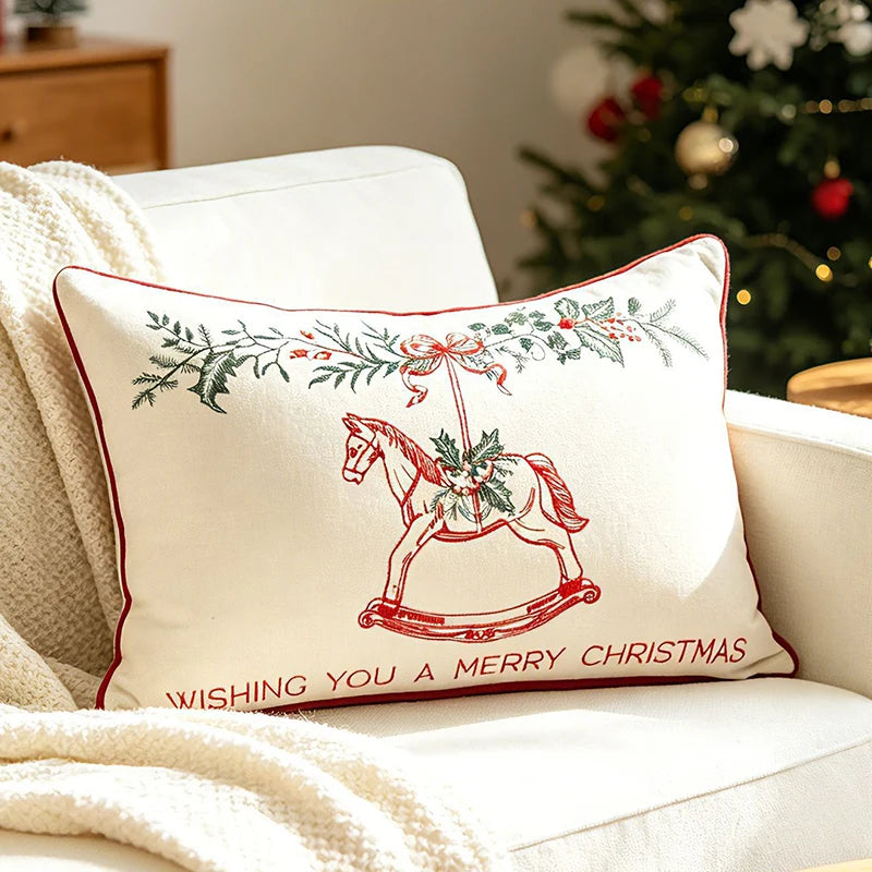 Christmas rocking horse pillow cover, 30X50cm style 06, featuring a red rocking horse, leafy garland, and Wishing You a Merry Christmas lettering.